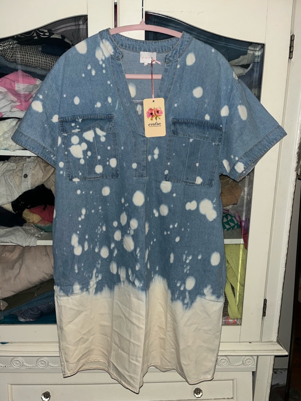 NWT size Medium Entro for Anthropologie bleach splatter Denim Tunic Dress 👗